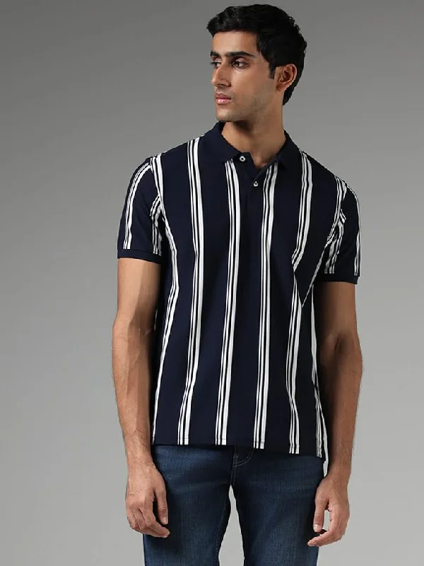 WES Casuals Navy Striped Slim-Fit Polo T-Shirt