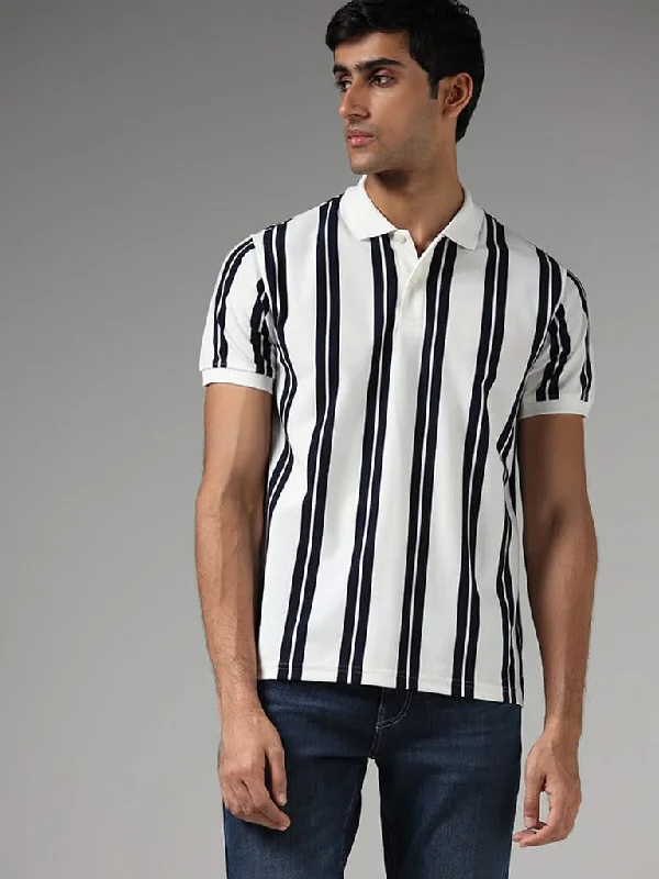 WES Casuals Off White Striped Slim-Fit Polo T-Shirt