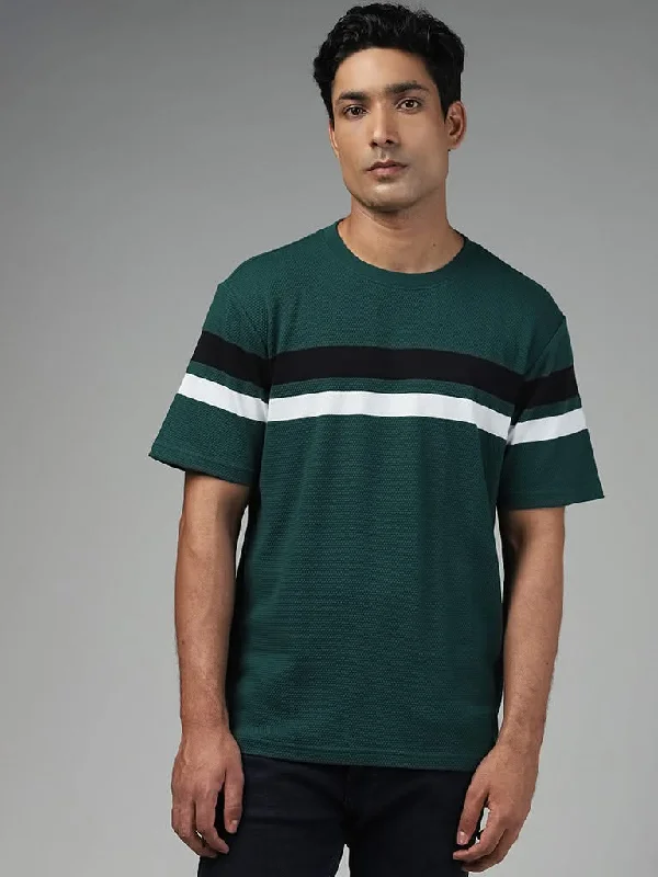 WES Lounge Striped Emerald Green Cotton Blend Relaxed T-Shirt